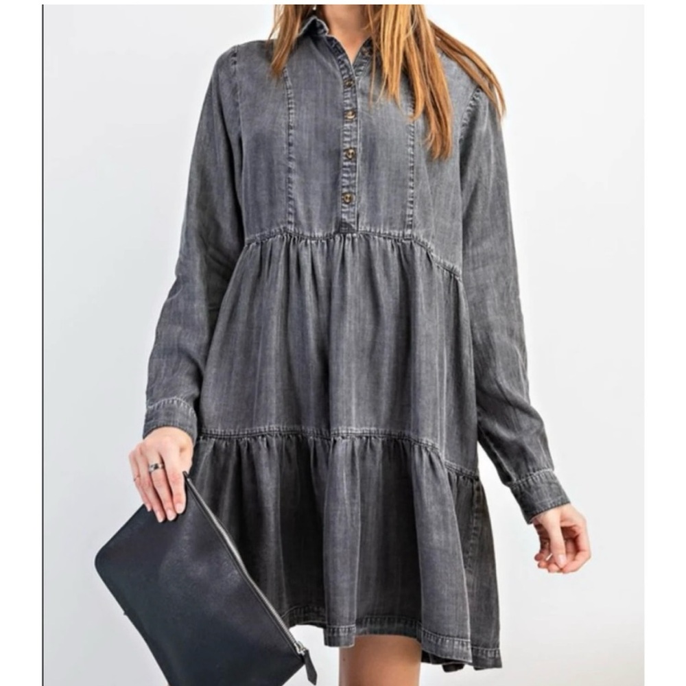 EASEL Tiered Lightweight Denim Dress Sz S, Charcoal Black Boho Fall Preppy